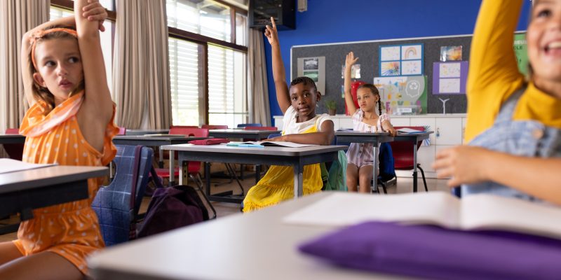 Multiracial schoolgirls raising their hands while sitting at desks in classroom. Unaltered, education, student, german, school, childhood, learning, question, answering concept.