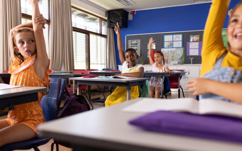 Multiracial schoolgirls raising their hands while sitting at desks in classroom. Unaltered, education, student, german, school, childhood, learning, question, answering concept.